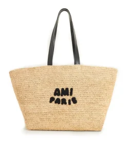AMI Paris Embroidered Logo Raffia Tote Bag Natural