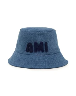 AMI Paris Embroidered Logo Denim Bucket Hat Used Blue