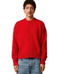 AMI Paris Tonal Ami De Coeur Crewneck Cardigan Poppy Red