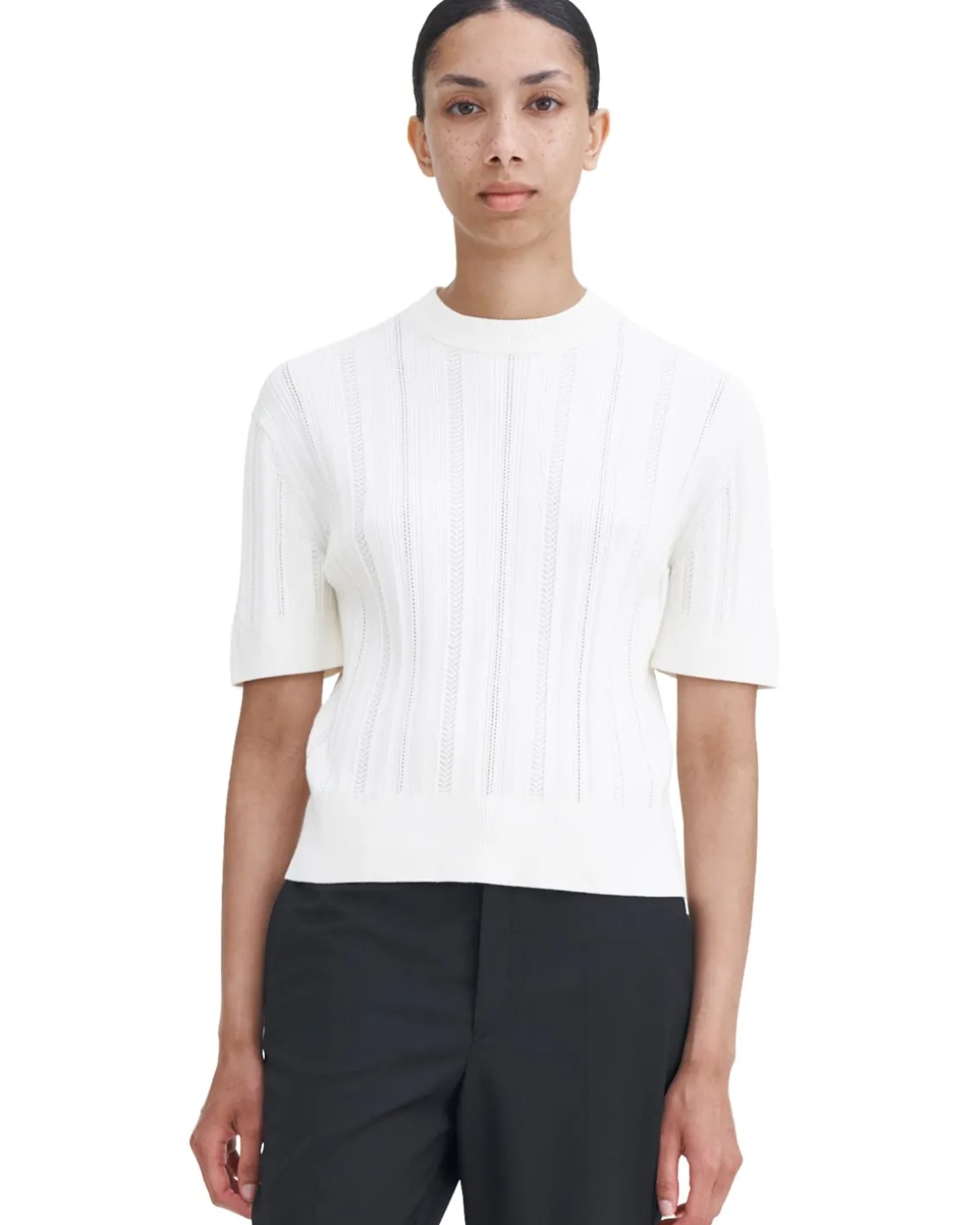 Filippa K Braid Knit T-Shirt Pearl White