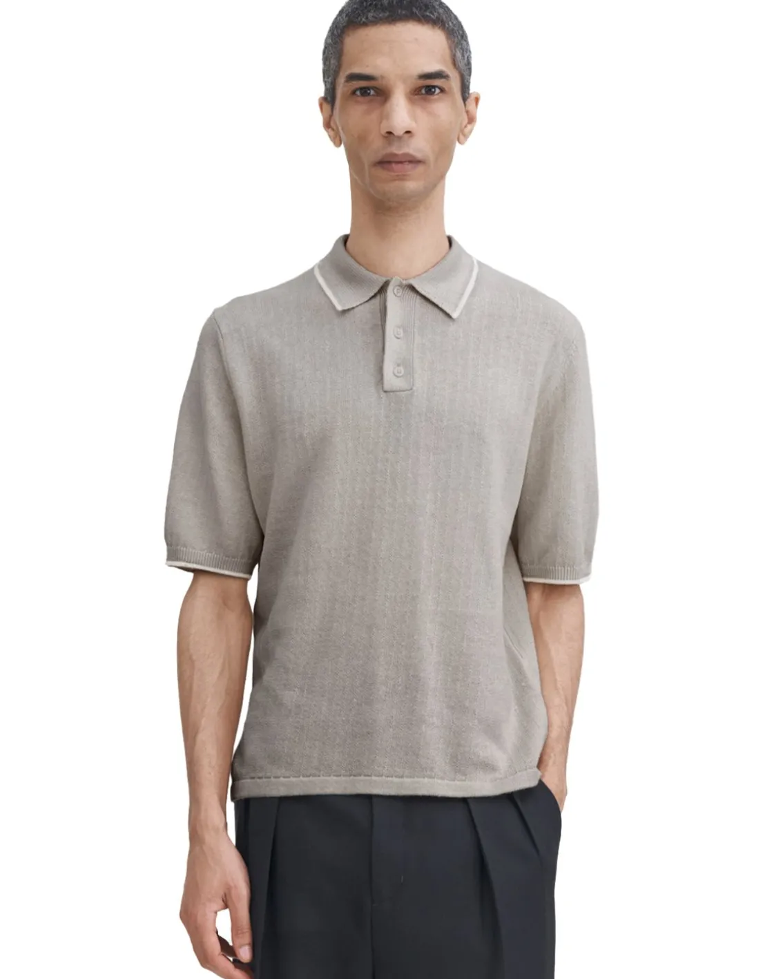 Filippa K Linen Cotton Knit Polo Moss Grey