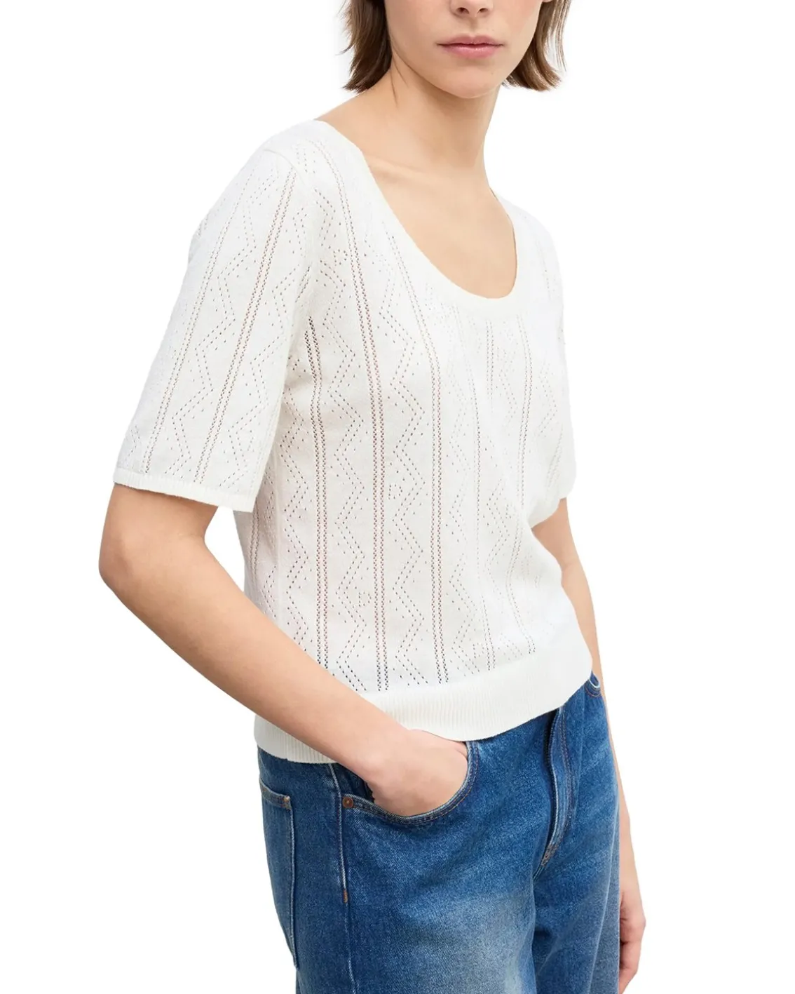 House of Dagmar Pointelle Knit Top Ivory White