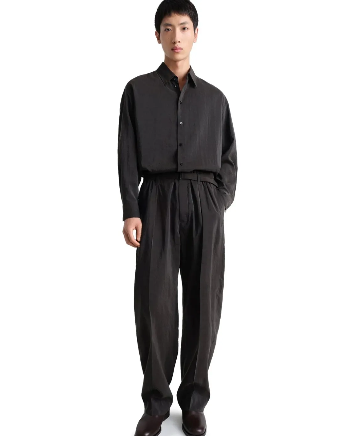 LEMAIRE Belted Relaxed Silk Pants Dark Espresso