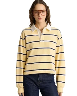 Sporty & Rich Serif Logo Cropped Rugby Polo Almond/dark navy/white