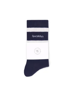Sporty & Rich Serif Logo Striped Socks Navy