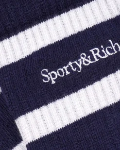 Sporty & Rich Serif Logo Striped Socks Navy