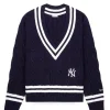 Sporty & Rich Yankees Serif Cableknit Vneck Navy