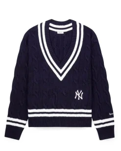 Sporty & Rich Yankees Serif Cableknit Vneck Navy